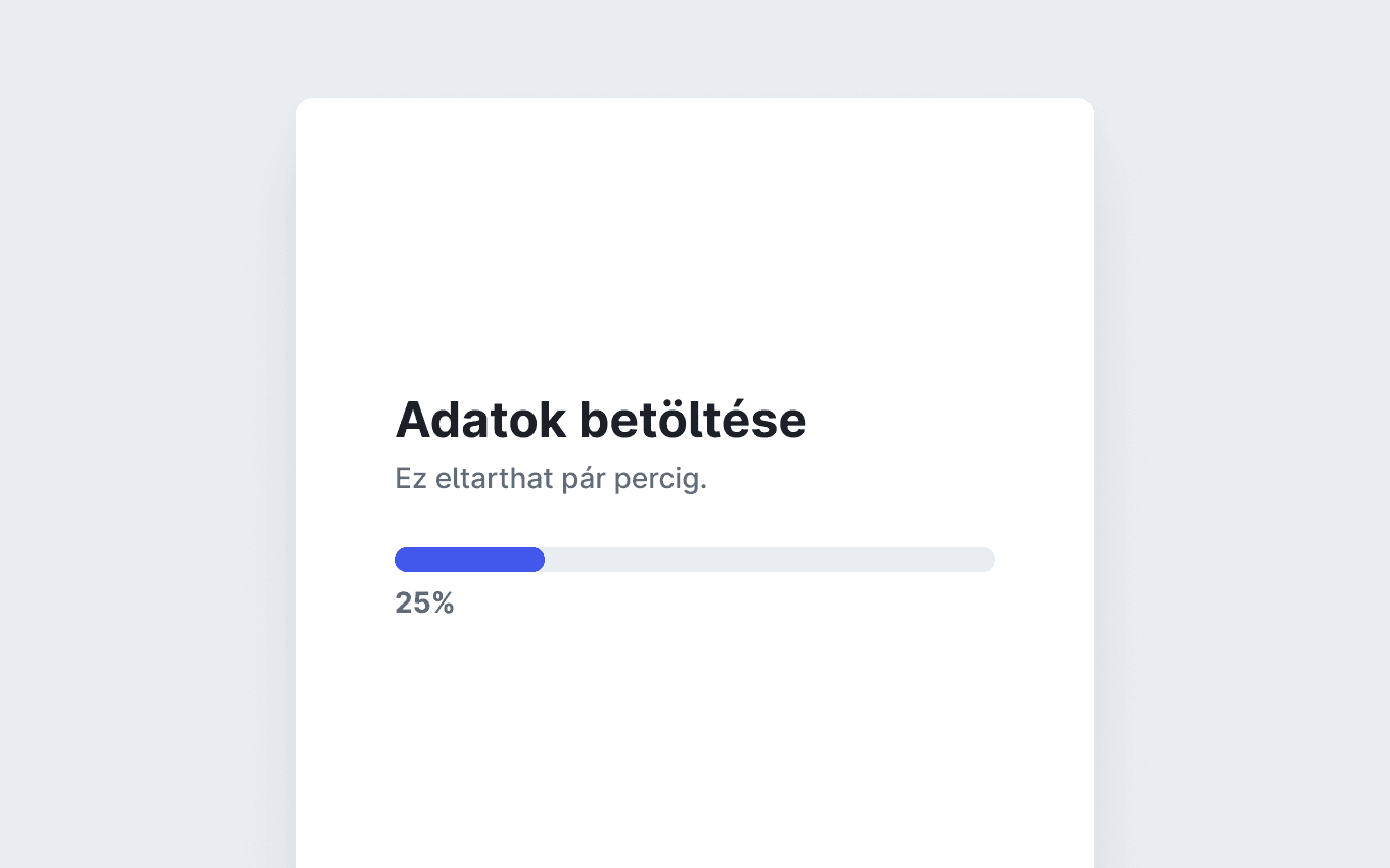 Egy töltő képernyő, amin az adatok betöltése százalékosan és szövegesen is megjelennek.