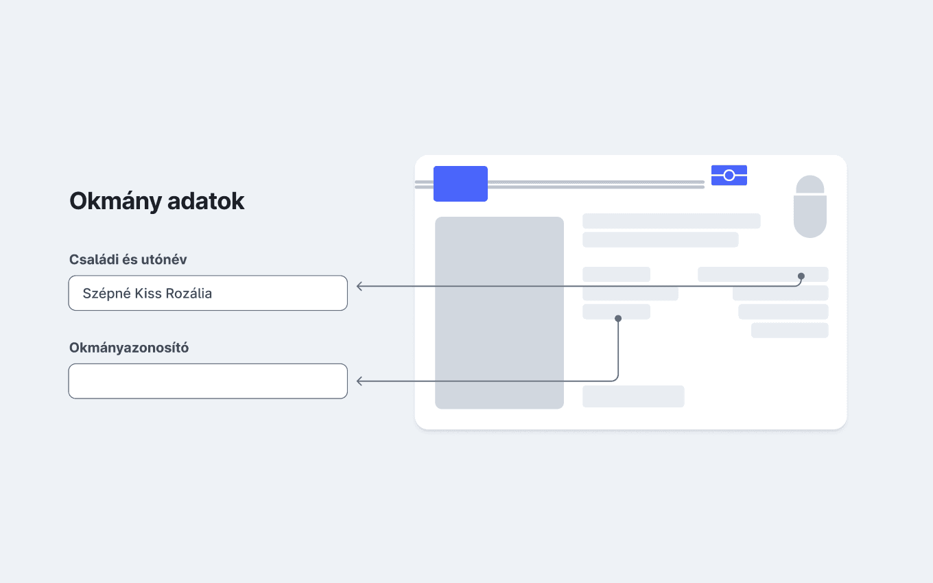 Egy illusztrált személyi igazolvány, amelynek családi és utónév és az okmányazonosító sorai egy űrlap megfelelő beviteli mezőihez vannak kötve.