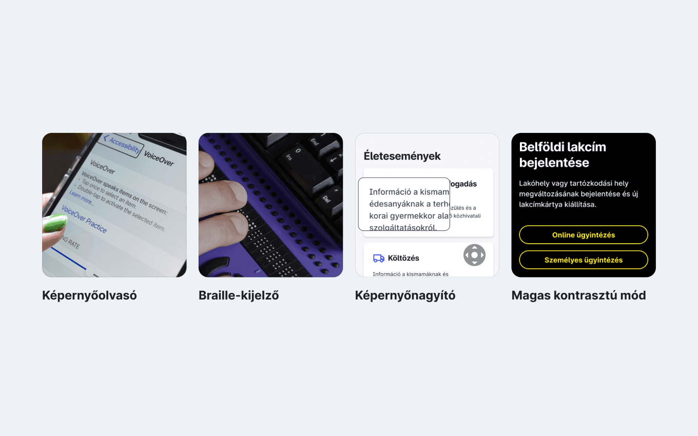 Egy képernyőolvasó szoftver, egy Brailler kijelző, egy nagyító szoftver és egy weboldal magas kontrasztú módban.