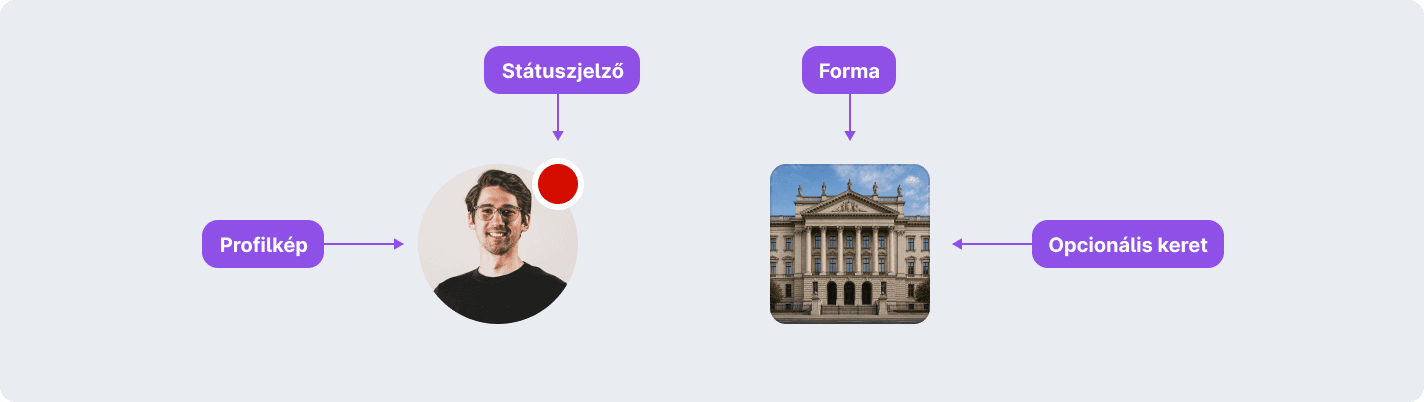 Az avatár profilképből vagy azt helyettesítő monogramból vagy ikonból, opcionális státuszjelzőből, keretből és választható formából épül fel.