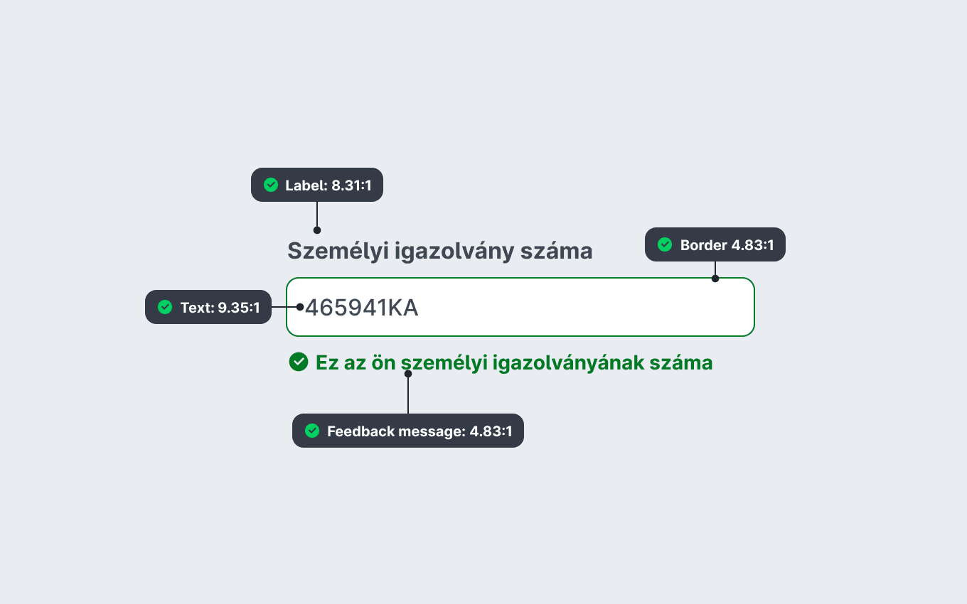 Egy beviteli mező, amelynek minden eleménél (például szöveg, címke, keret) fel van tüntetve a kontrasztarány. Mindegyik kontrasztarány megfelelő, zöld pipával jelölt.