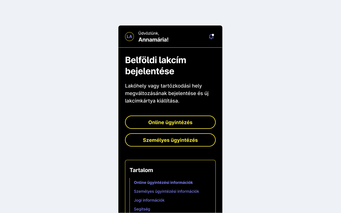 Egy felhasználói felület a design system elemeiből fekete és sárga színekkel.