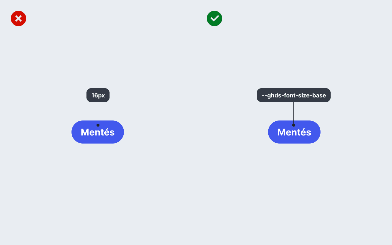 Két gomb. Az egyiken helytelenül közvetlenül 16px van beállítva betűméretnek a másikon helyesen egy design token.